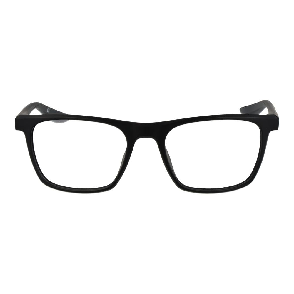 Nike Black Unisex Glasses Frame, full-rim stainless steel, square style, demo lenses, 52-18-140 size, no extra features, branded case included.