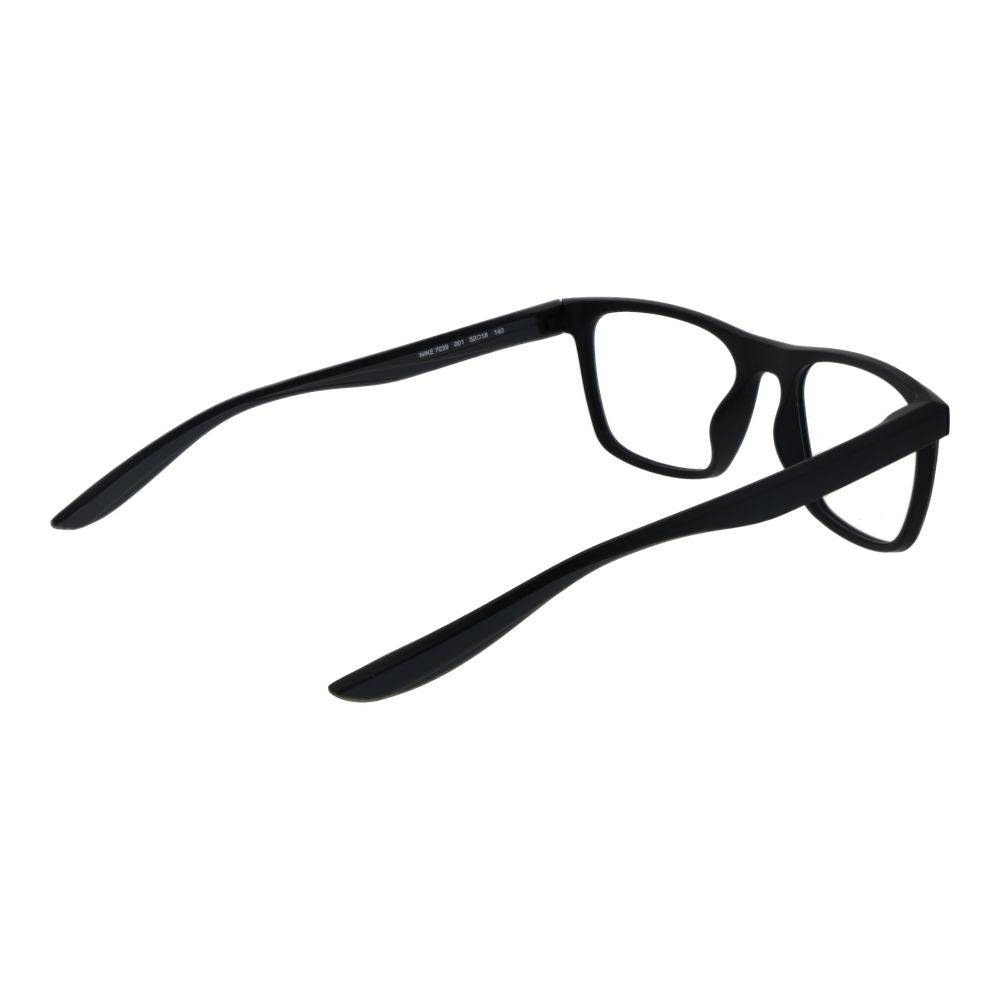 Nike Black Unisex Glasses Frame with full-rim stainless steel, square style, demo plastic lenses, size 52-18-140, black frame color.