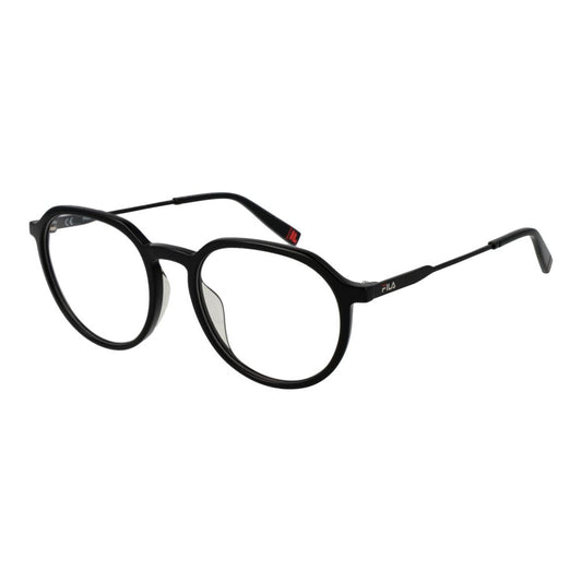 Fila Black Unisex Glasses Frame, stainless steel, full-rim, demo lenses, size 51-18-140, panto style, black color.