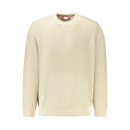 Pepe Jeans Beige Cotton Men Sweater with logo, sustainable fashion, long-sleeved crew neck, eco-friendly cotton knitwear front view.