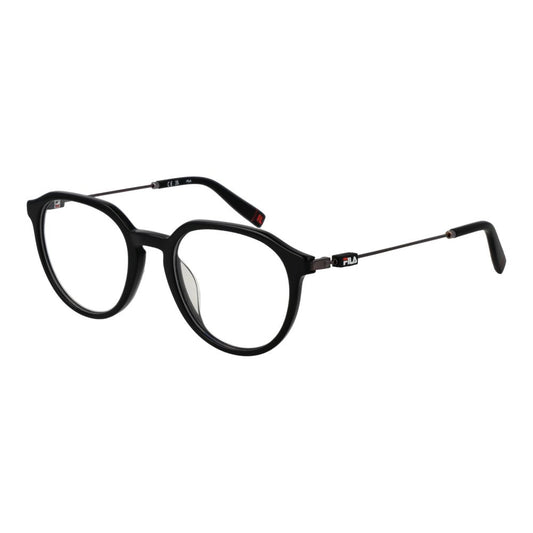 Fila Black Unisex Glasses Frame with full-rim metal in black, panto style, demo lenses, size 50-20-145, includes branded case.