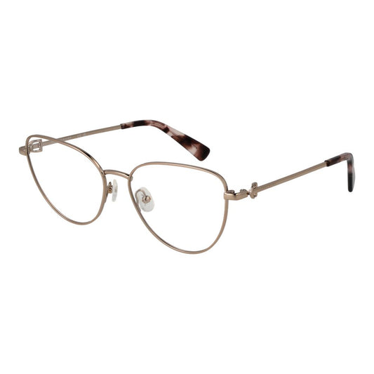 Longchamp Gold Women Glasses Frame in full-rim cat eye style made of metal, 54-16-140 size with demo plastic lenses.