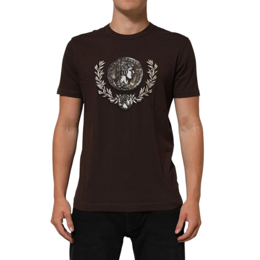 Dolce & Gabbana Brown Coin Laurel Print Men Crew Neck T-shirt featuring intricate regal design