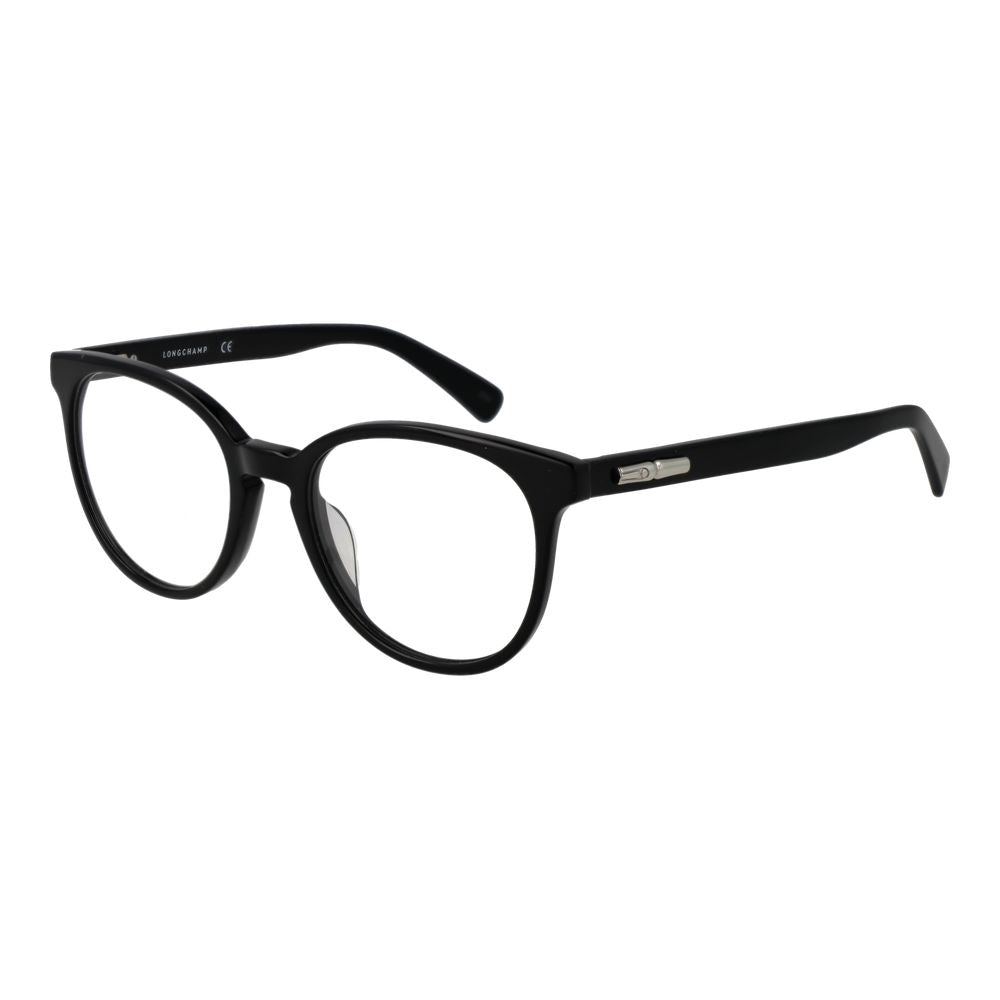 Longchamp Black Women Glasses Frame, full-rim cellulose acetate, panto style, demo plastic lenses with spring hinge, size 51-19-140.