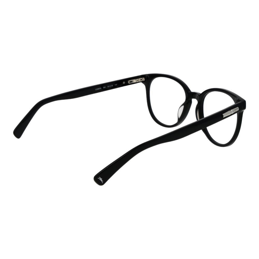 Longchamp Black Women Glasses Frame in cellulose acetate, full-rim panto style, with demo plastic lenses, spring hinge, size 51-19-140.