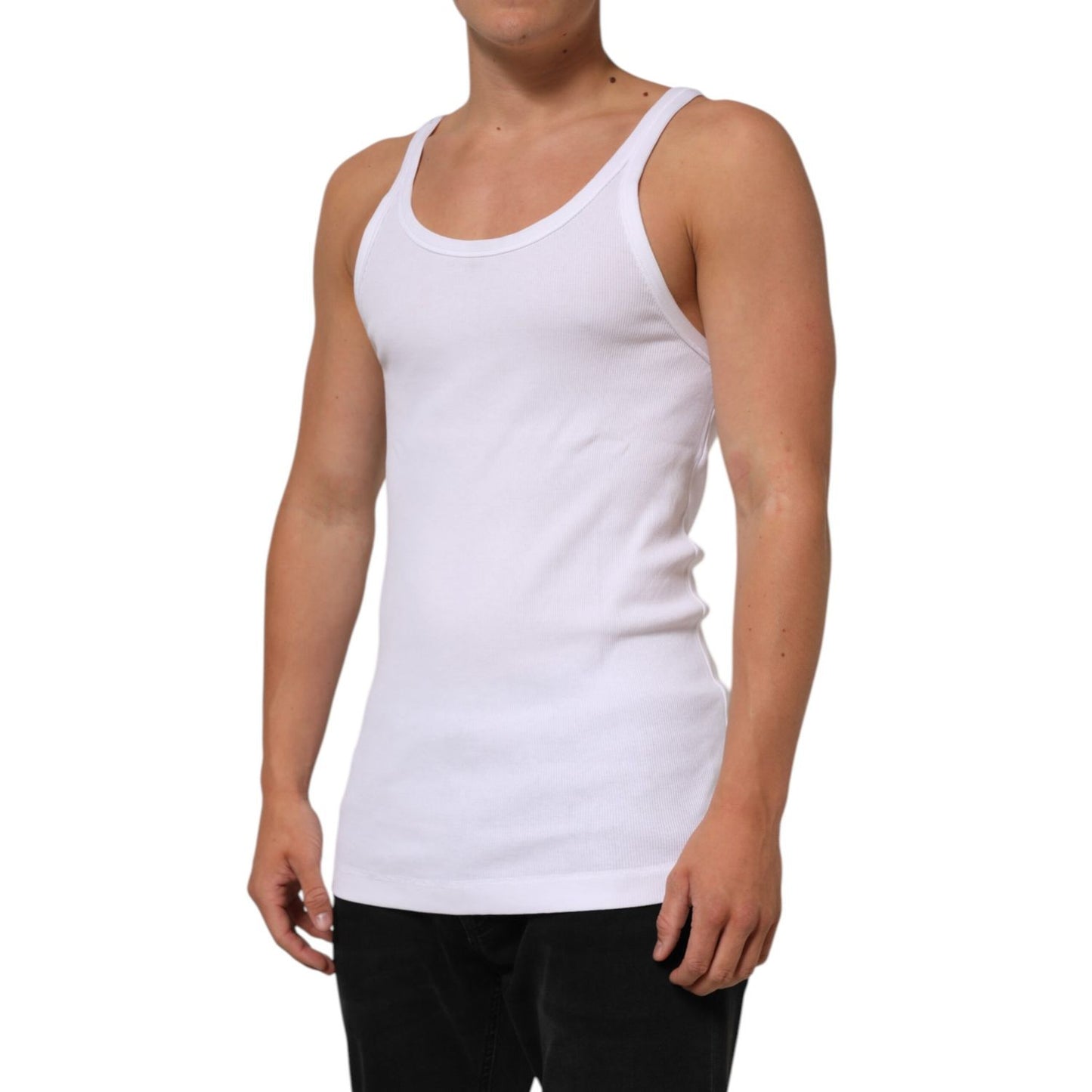 Dolce & Gabbana White Sleeveless Round Neck Tank Top T-shirt for men, 100% cotton, regular fit, made in Italy, stylish and comfortable.