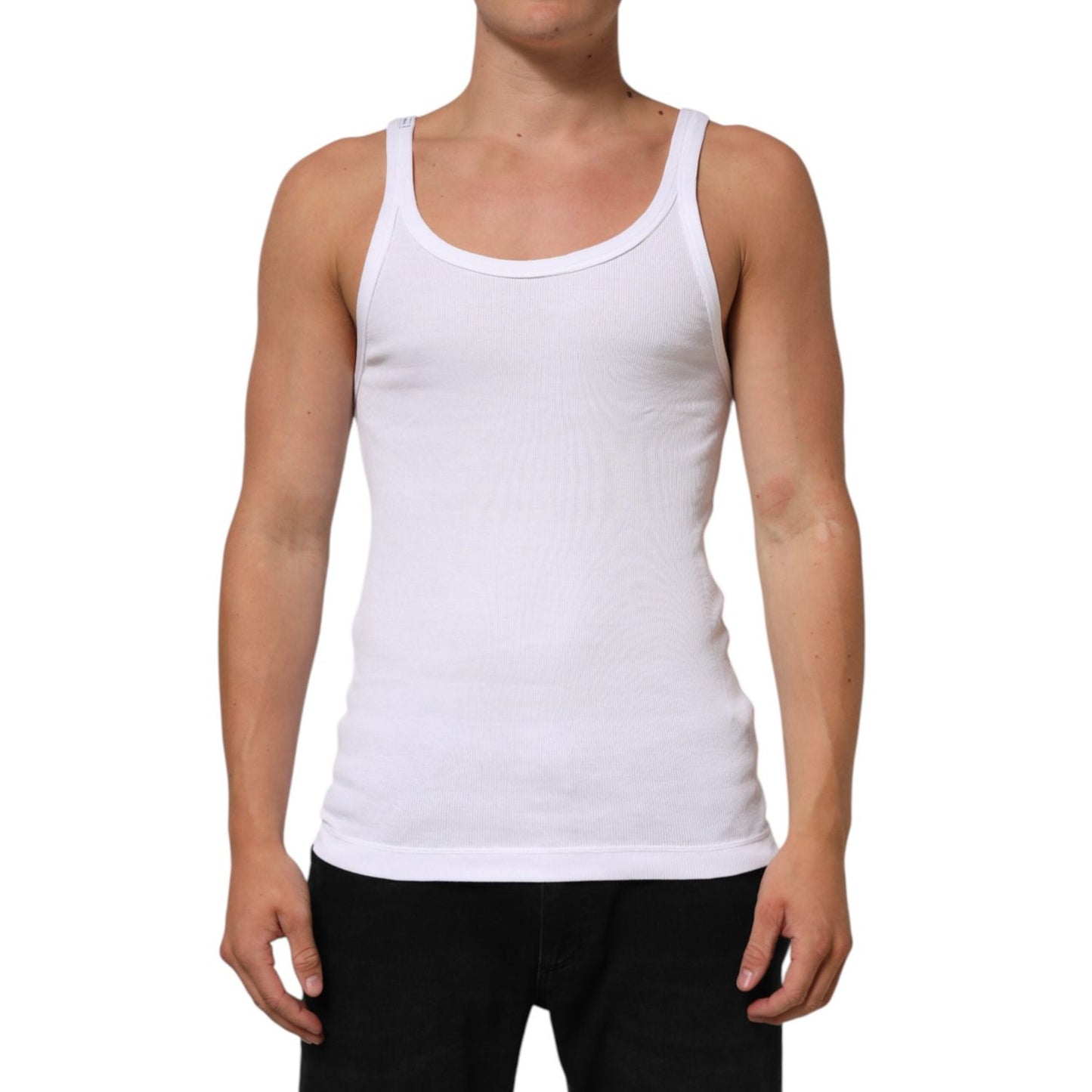 Dolce & Gabbana White Sleeveless Round Neck Tank Top T-shirt on male model, classic design, 100% cotton, regular fit, perfect for casual style.