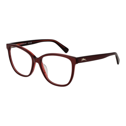 Longchamp Red Women Glasses Frame in red acetate, full-rim butterfly style with demo lenses, size 53-15-140, includes branded case.