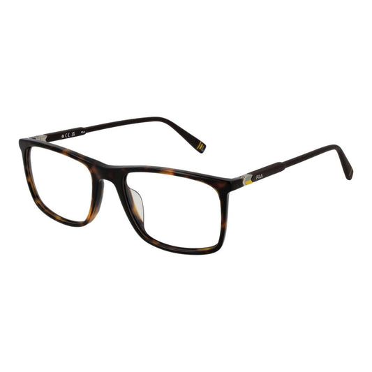 Fila Brown Men Glasses Frame with full-rim plastic rectangle, demo lenses, sized 53-18-145, spring hinge, includes branded case.