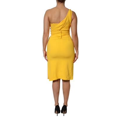 Dolce & Gabbana Yellow One Shoulder Side Slit Sheath Dress, back view of elegant evening dress highlighting sleek design and bold color.