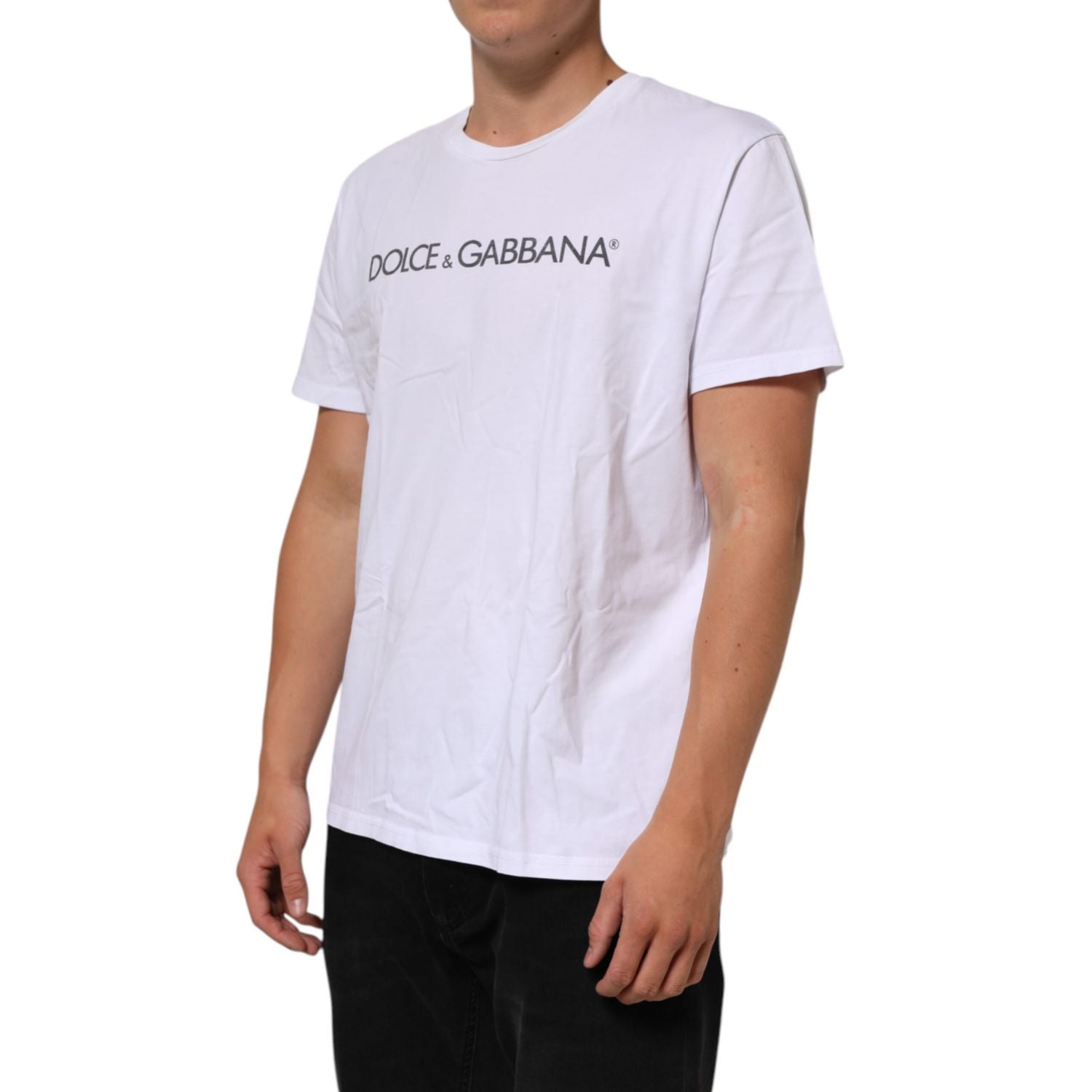 Dolce & Gabbana White Logo Print Cotton Crew Neck T-shirt