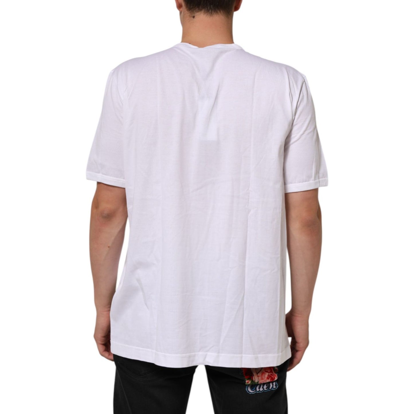 Back view of Dolce & Gabbana White Cotton V-Neck Short Sleeves T-shirt, showcasing breathable material and regular fit design.