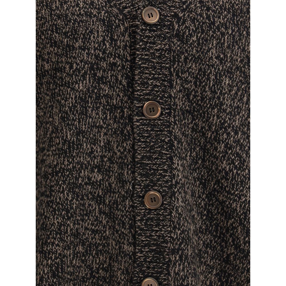 Close-up of Our Legacy Brown Wool Cardigan with bear twist mouline wool, showcasing mother-of-pearl buttons and ribbed placket.