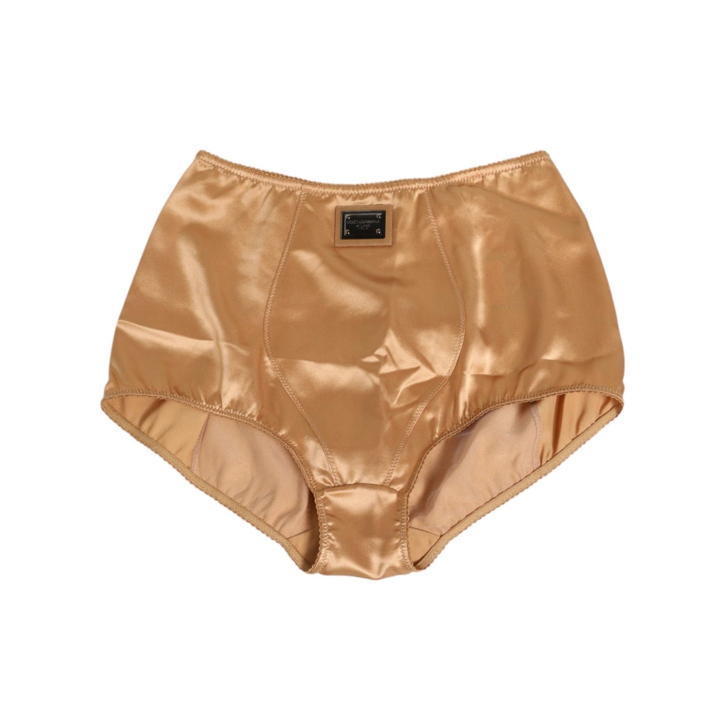 Dolce & Gabbana Beige Silk Stretch High Waist Girdle Underwear with logo detail, crafted from luxurious stretch silk, elegant and comfortable.