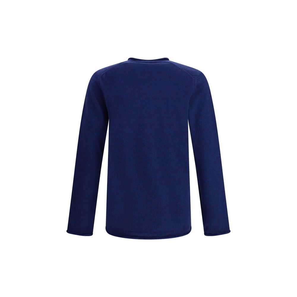 Back view of Comme Des Garçons Blue Wool Sweatshirt, long sleeve luxury knit with ribbed texture in elegant design for AW25 season.