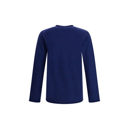 Back view of Comme Des Garçons Blue Wool Sweatshirt, long sleeve luxury knit with ribbed texture in elegant design for AW25 season.