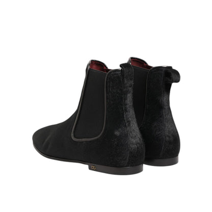 Dolce & Gabbana Black Leather Fur Men CHELSEA Boots Shoes