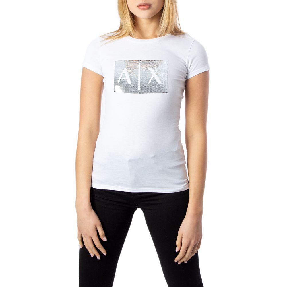 Armani Exchange White Cotton T-Shirt with sequin AX logo on woman, showcasing a contemporary style and feminine cut.
