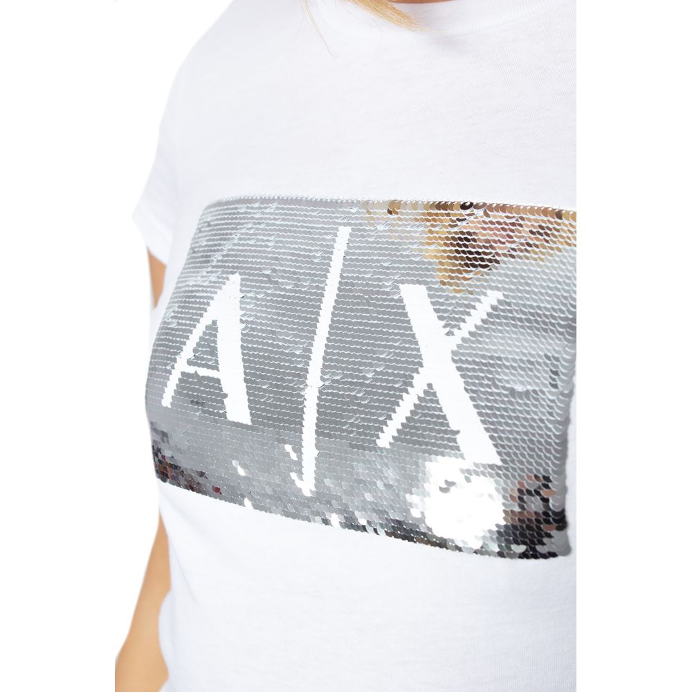 Armani Exchange White Cotton T-Shirt with sequined AX logo, showcasing contemporary style and comfort for women.