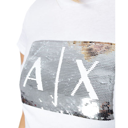 Armani Exchange White Cotton T-Shirt with sequined AX logo detail on front, offering a stylish and comfortable fit for women.