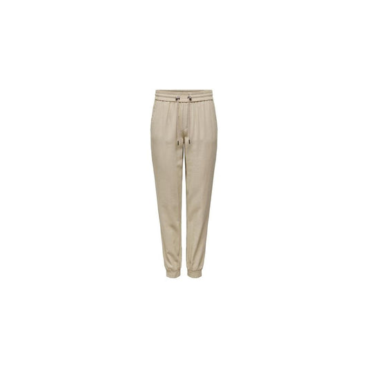 Only Beige Viscose Casual Pants with elastic cuffs and pull-up design, women's clothing made from 92% viscose and 8% polyester for style and comfort.