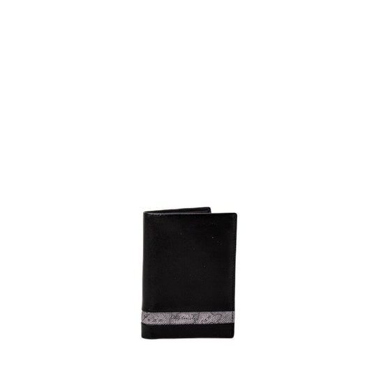 Alviero Martini Prima Classe Black Leather Wallet with Geo Classic band, sleek design, no coin pocket, for stylish practicality.