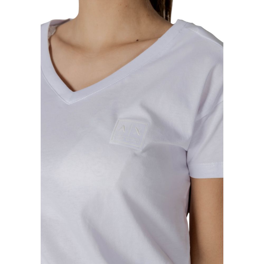 Armani Exchange White Cotton T-Shirt with V-neckline and chest logo, featuring a feminine fit and soft cotton fabric for comfort.