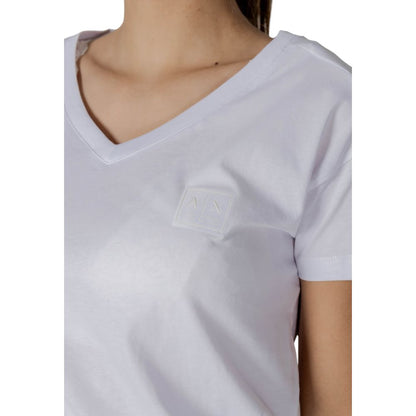 Armani Exchange White Cotton T-Shirt with V-neckline and chest logo, featuring a feminine fit and soft cotton fabric for comfort.