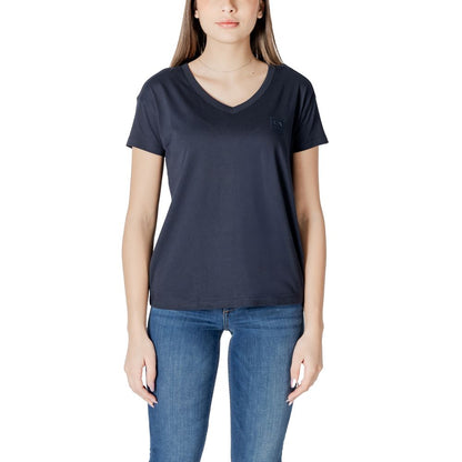 Armani Exchange Blue Cotton T-Shirt, women's V-neck with subtle logo, short-sleeved, model XW000531 AF10359, modern feminine fit.