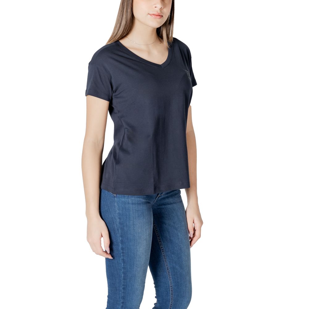 Armani Exchange Blue Cotton T-Shirt with V-neckline, feminine fit, and subtle logo, worn by a model for a stylish and comfortable look.