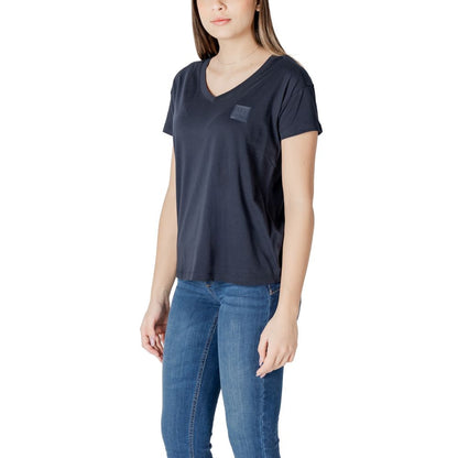 Armani Exchange Blue Cotton T-Shirt for women with V-neck, short sleeves, and subtle chest logo, model XW000531 AF10359.