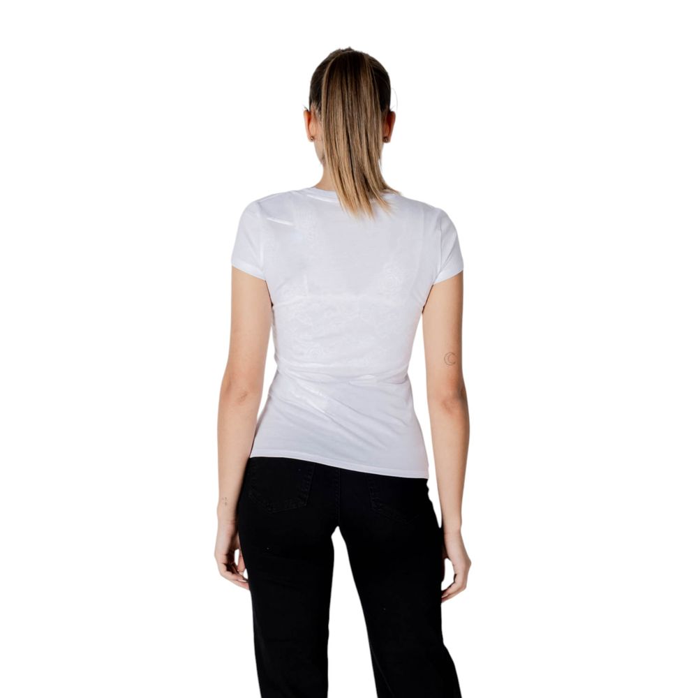 Back view of woman wearing Armani Exchange White Cotton T-Shirt, showcasing modern fit with short sleeves and V-neckline.