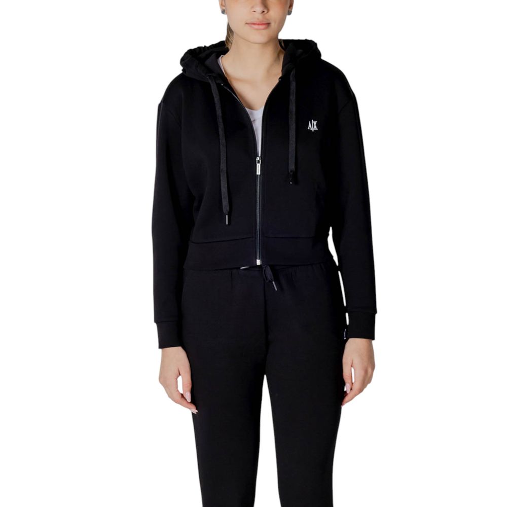 Woman wearing Armani Exchange Black Cotton Hoodie with embroidered AX logo and zip closure