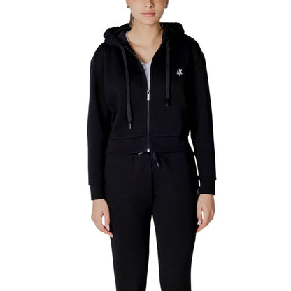 Woman wearing Armani Exchange Black Cotton Hoodie with embroidered AX logo and zip closure