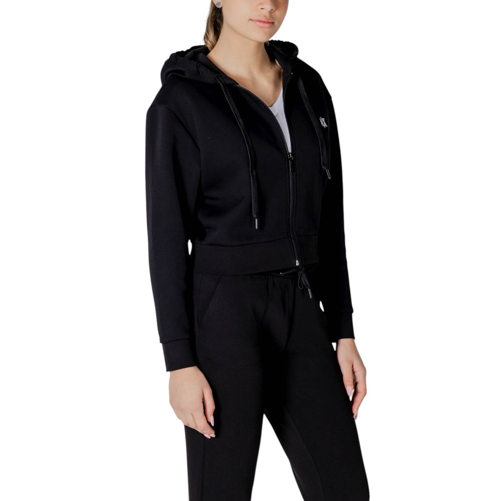Armani Exchange Black Cotton Hoodie for women with front zip, drawstring hood, and AX logo, offering comfort and a contemporary look.