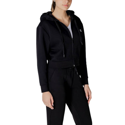 Armani Exchange Black Cotton Hoodie for women with front zip, drawstring hood, and AX logo, offering comfort and a contemporary look.