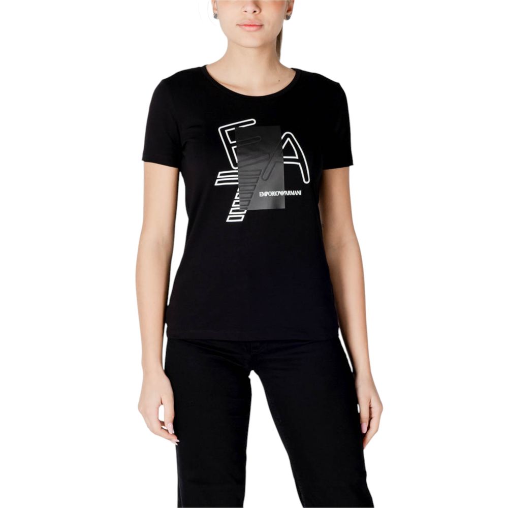 Woman wearing EA7 Emporio Armani Black Cotton T-Shirt with EA7 logo, short sleeves made from 95% cotton and 5% elastane/lycra.