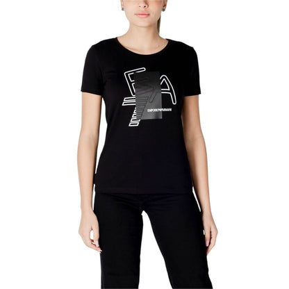 Woman wearing EA7 Emporio Armani Black Cotton T-Shirt with EA7 logo, short sleeves made from 95% cotton and 5% elastane/lycra.
