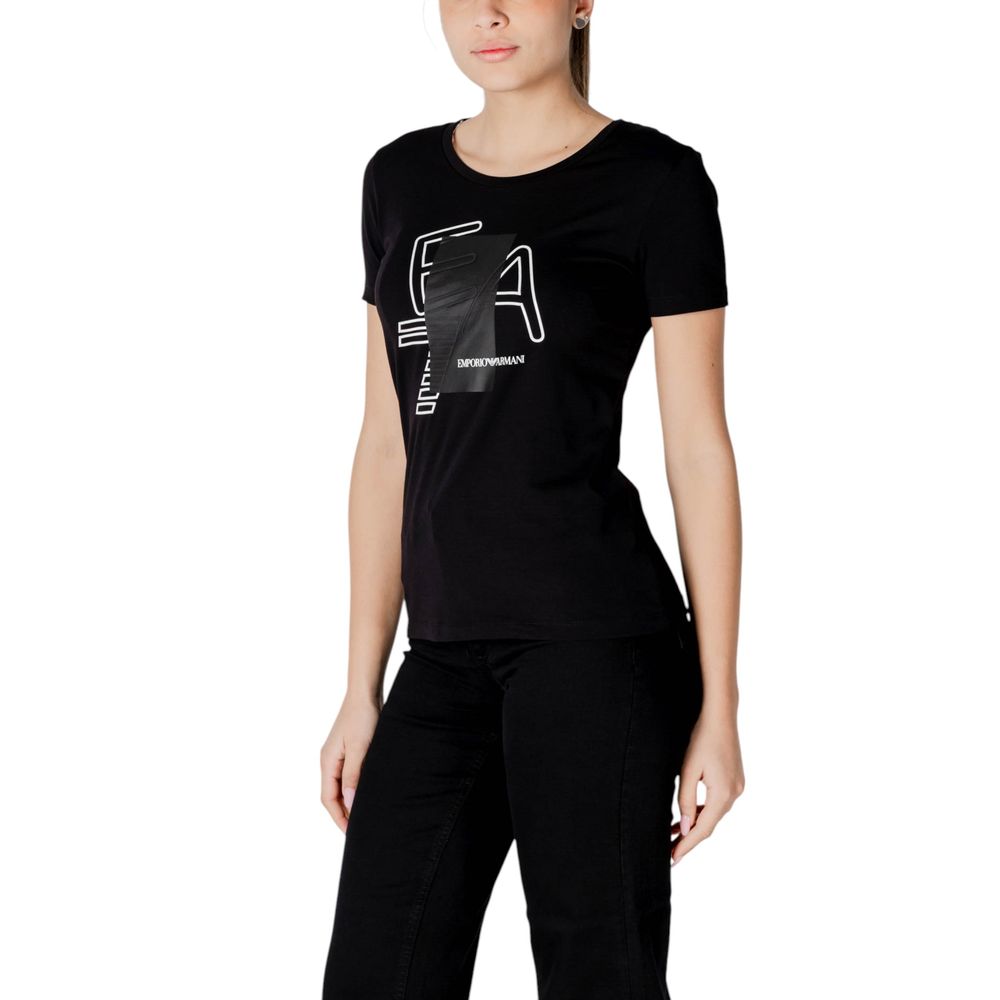 Woman wearing EA7 Emporio Armani Black Cotton T-Shirt with logo, short sleeves, and elegant design, styled for casual look.