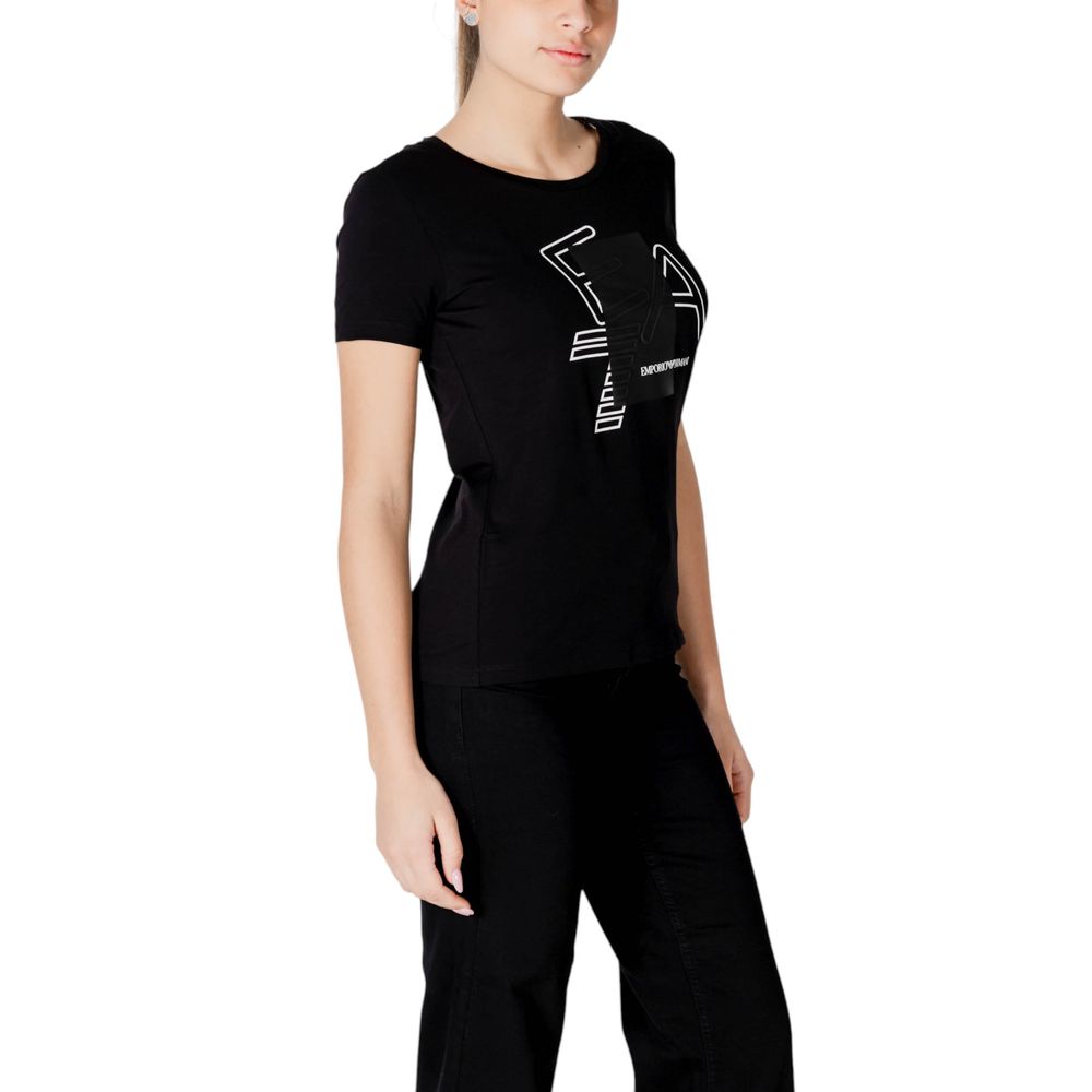 Woman wearing EA7 Emporio Armani Black Cotton T-Shirt with logo, perfect fit and soft feel, ideal for casual and refined look.