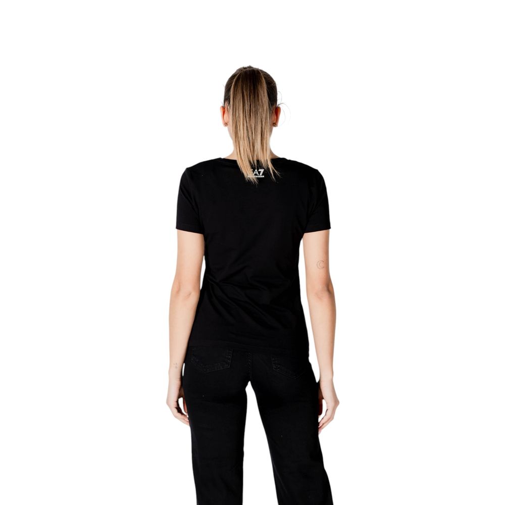 Back view of woman wearing EA7 Emporio Armani Black Cotton T-Shirt, showcasing short sleeves and EA7 logo for casual style.