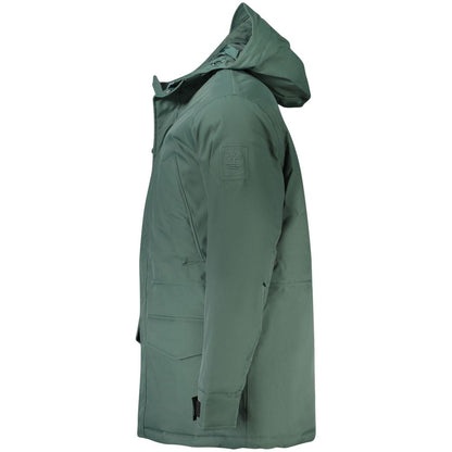 Side view of Timberland Green Polyester Men's Jacket with hood and pockets, showcasing durable design for outdoor use.
