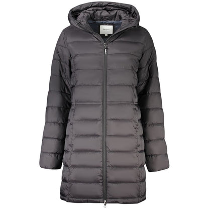 Pepe Jeans Black Polyamide Women's Jacket with hood and long sleeves, featuring sleek design and two external pockets for brisk days.