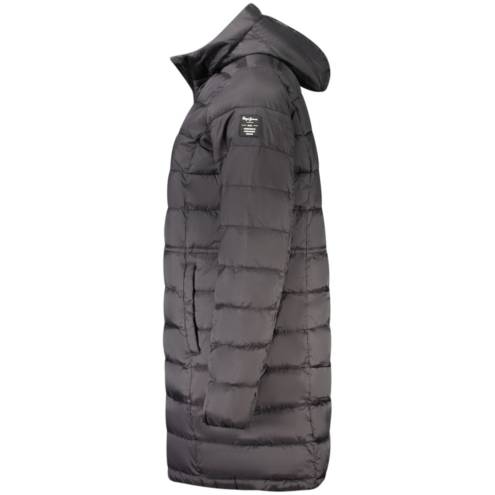 Side view of Pepe Jeans Black Polyamide Women's Jacket with hood and pockets, showcasing sleek design and durability.