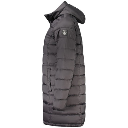 Side view of Pepe Jeans Black Polyamide Women's Jacket with hood and pockets, showcasing sleek design and durability.