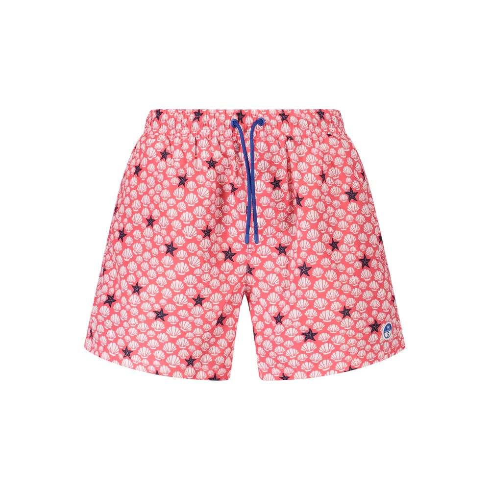 North Sails Red Polyester Swimwear, patterned swim boxer with elastic waist, laces, and logo application.