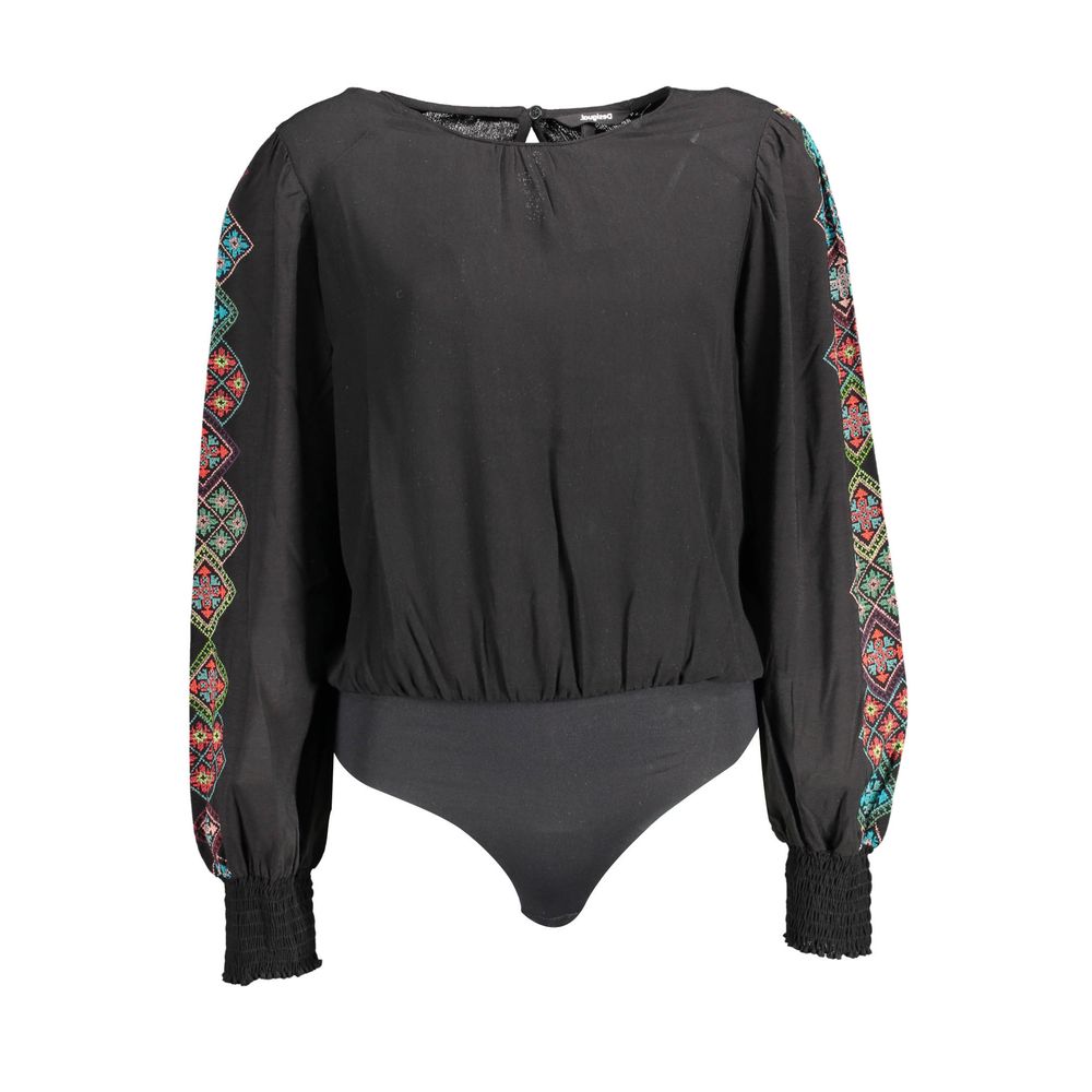 Desigual Black Elastane Bodysuit with long sleeves, wide neckline, contrasting details, and logo