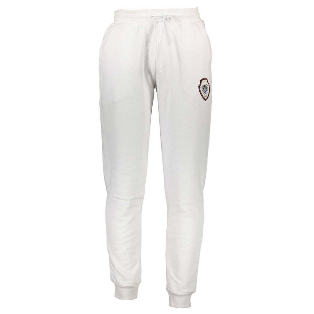 Cavalli Class White Cotton Pant with elastic waist, laces, 3 pockets, logo application, perfect for sportswear.