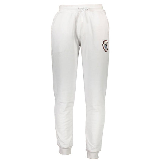 Cavalli Class White Cotton Pant with elastic waist, laces, 3 pockets, logo application, perfect for sportswear.
