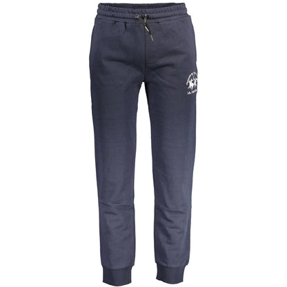 La Martina Blue Cotton Pant with elastic waist and ankles, featuring logo embroidery, two front pockets, and one back pocket.